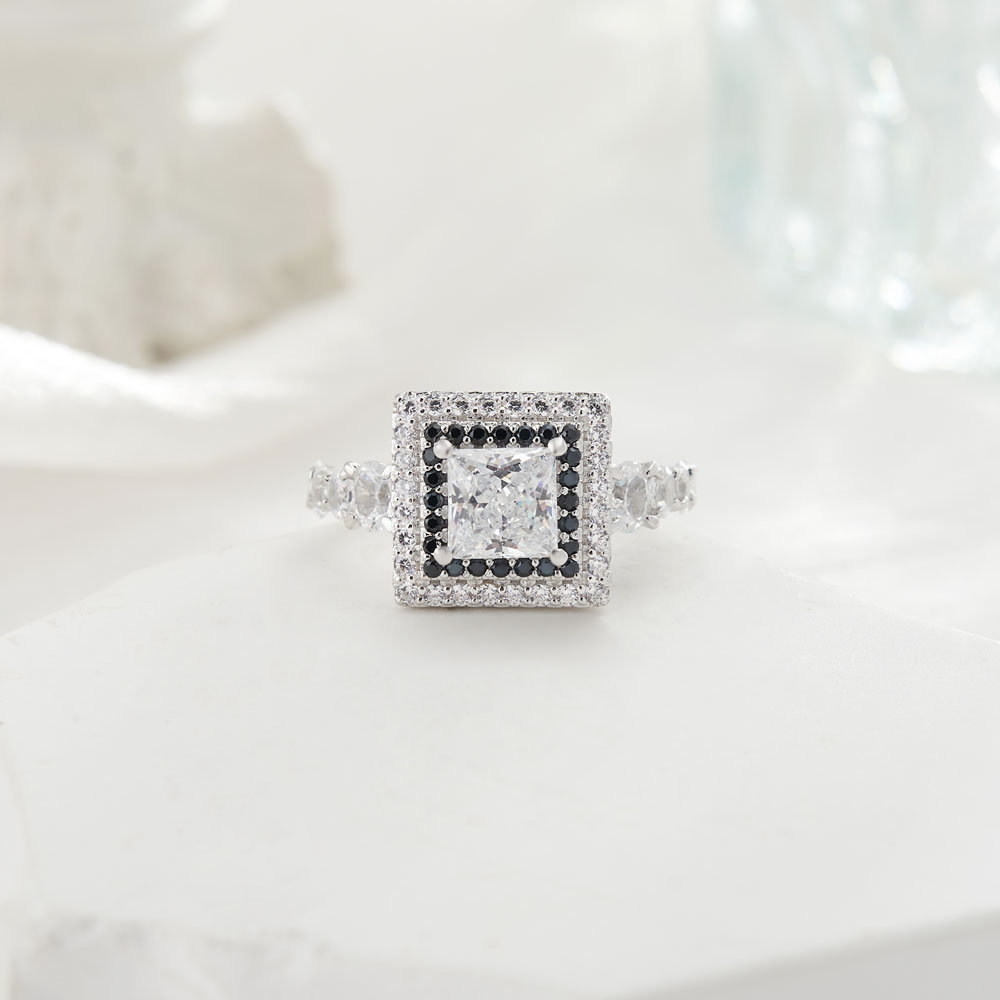 Princess Cut Diamond White and Black Gemstone Sterling Silver Double Halo Engagement Ring