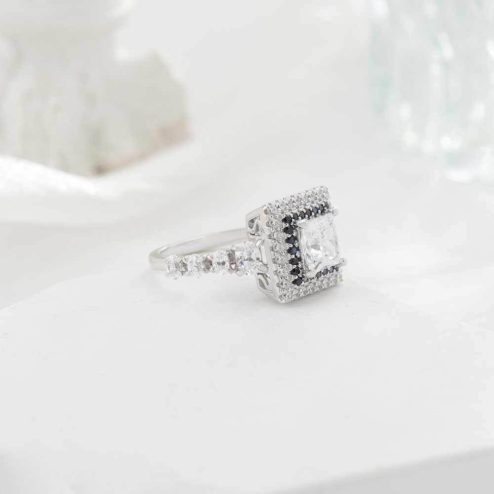 Princess Cut Diamond White and Black Gemstone Sterling Silver Double Halo Engagement Ring