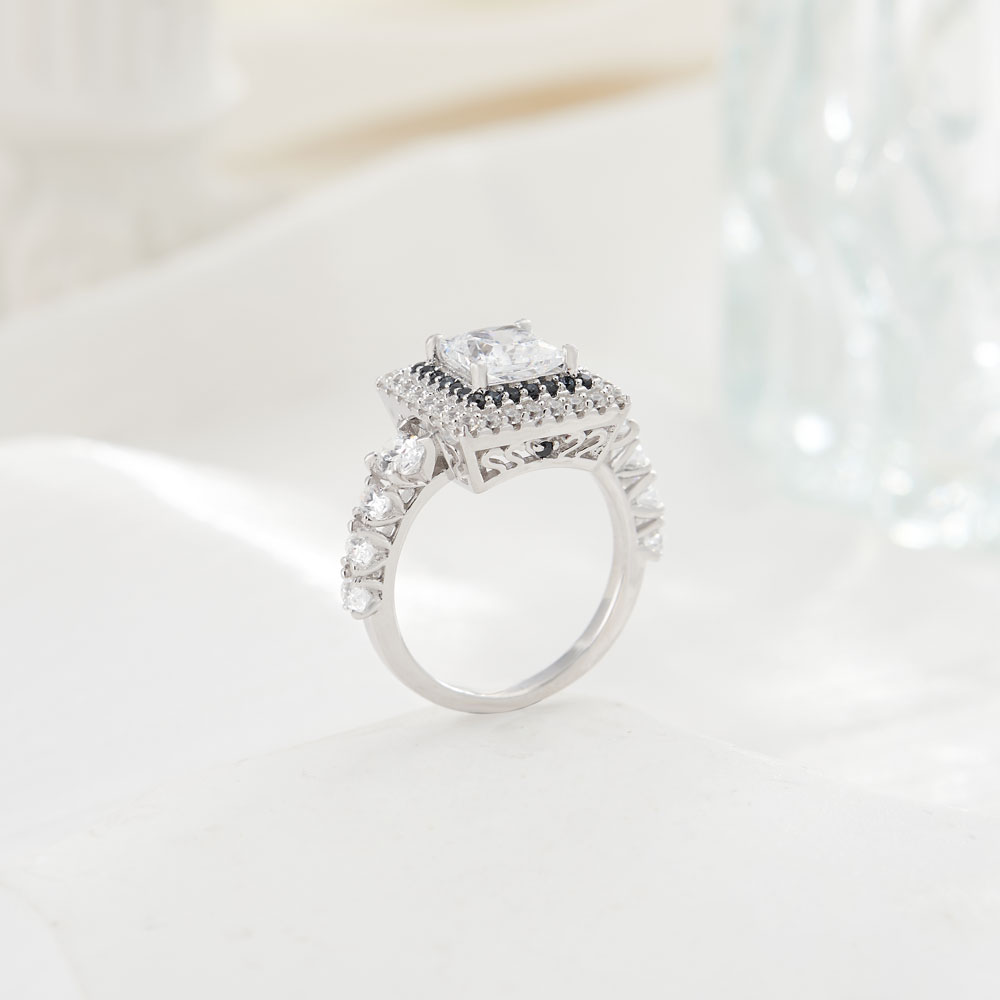 Princess Cut Diamond White and Black Gemstone Sterling Silver Double Halo Engagement Ring
