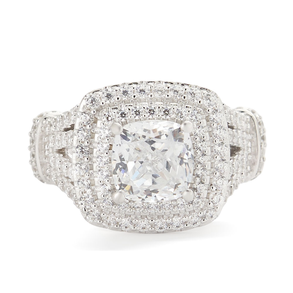 Cushion Cut Diamond White Sterling Silver Double Halo Engagement Ring