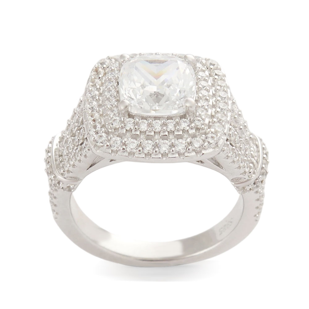 Cushion Cut Diamond White Sterling Silver Double Halo Engagement Ring