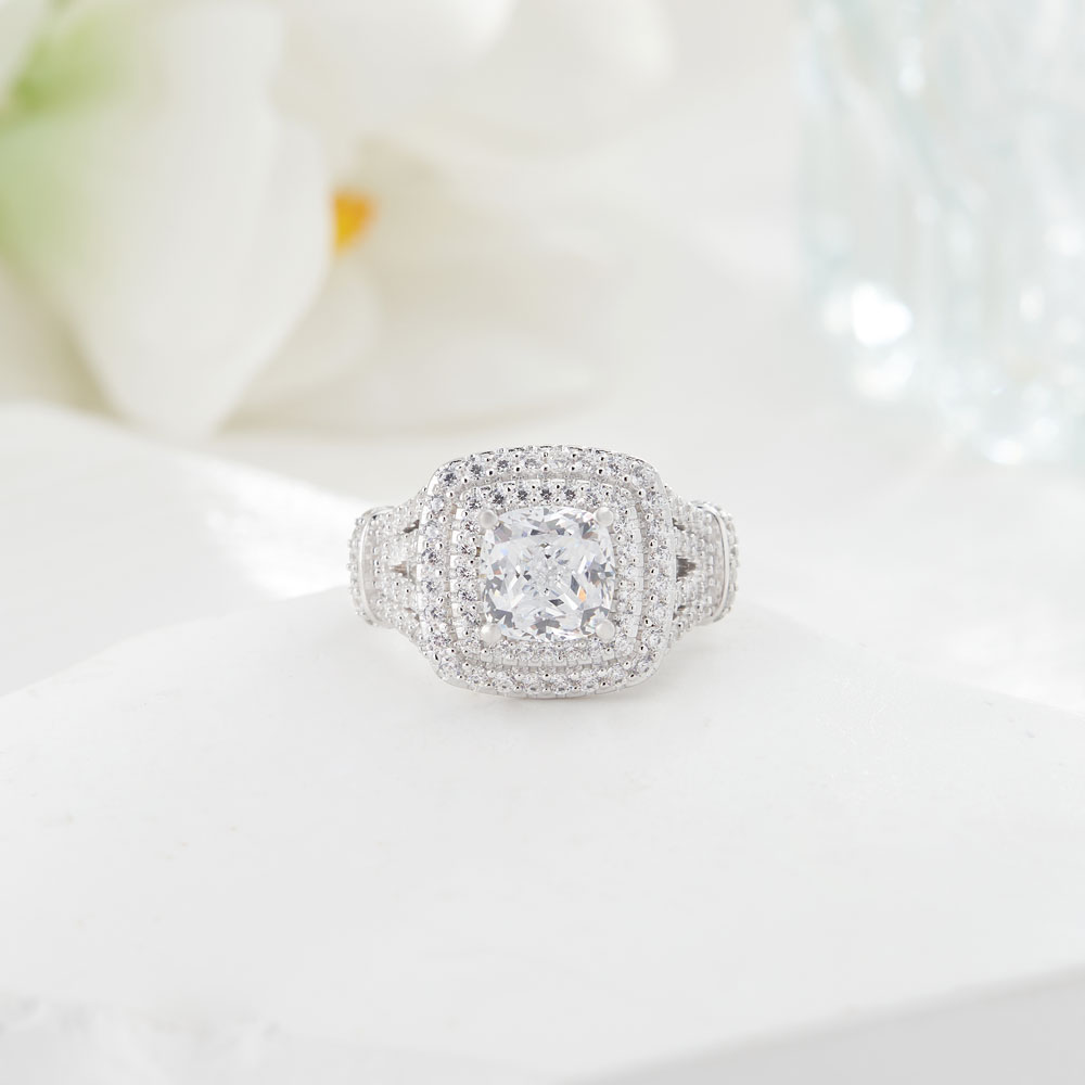 Cushion Cut Diamond White Sterling Silver Double Halo Engagement Ring