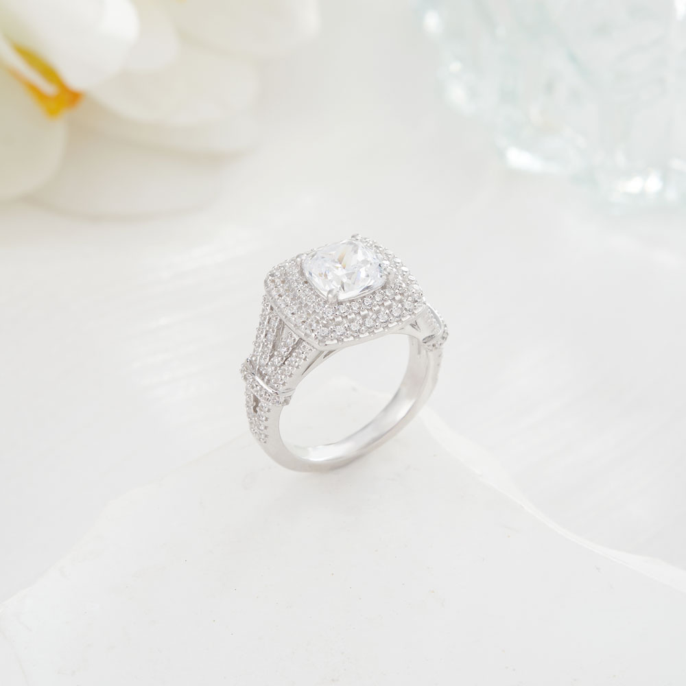 Cushion Cut Diamond White Sterling Silver Double Halo Engagement Ring