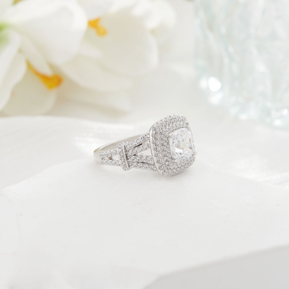 Cushion Cut Diamond White Sterling Silver Double Halo Engagement Ring