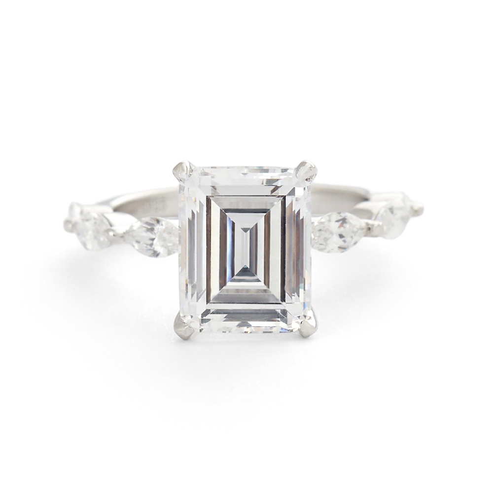 Emerald Cut Diamond White Sterling Silver Hidden Halo Engagement Ring
