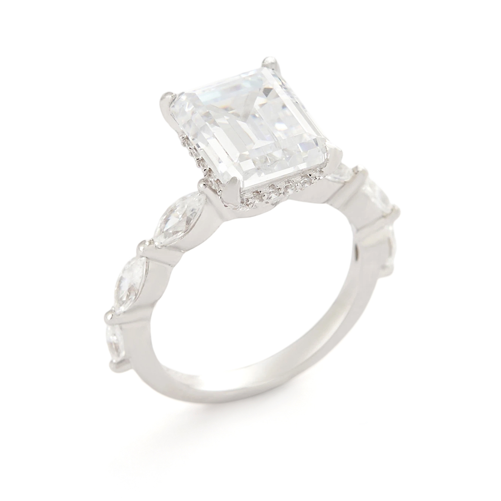 Emerald Cut Diamond White Sterling Silver Hidden Halo Engagement Ring