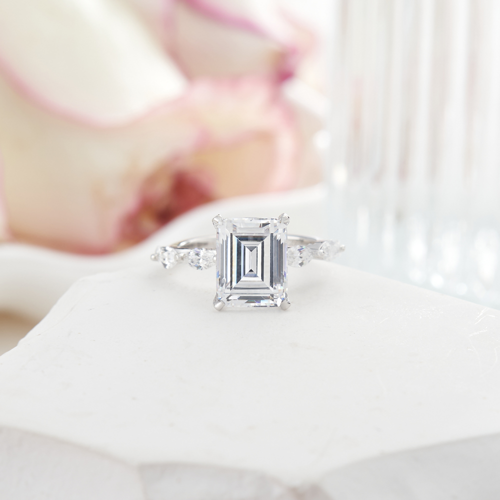 Emerald Cut Diamond White Sterling Silver Hidden Halo Engagement Ring