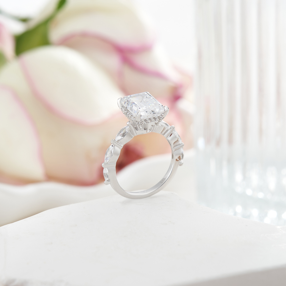 Emerald Cut Diamond White Sterling Silver Hidden Halo Engagement Ring