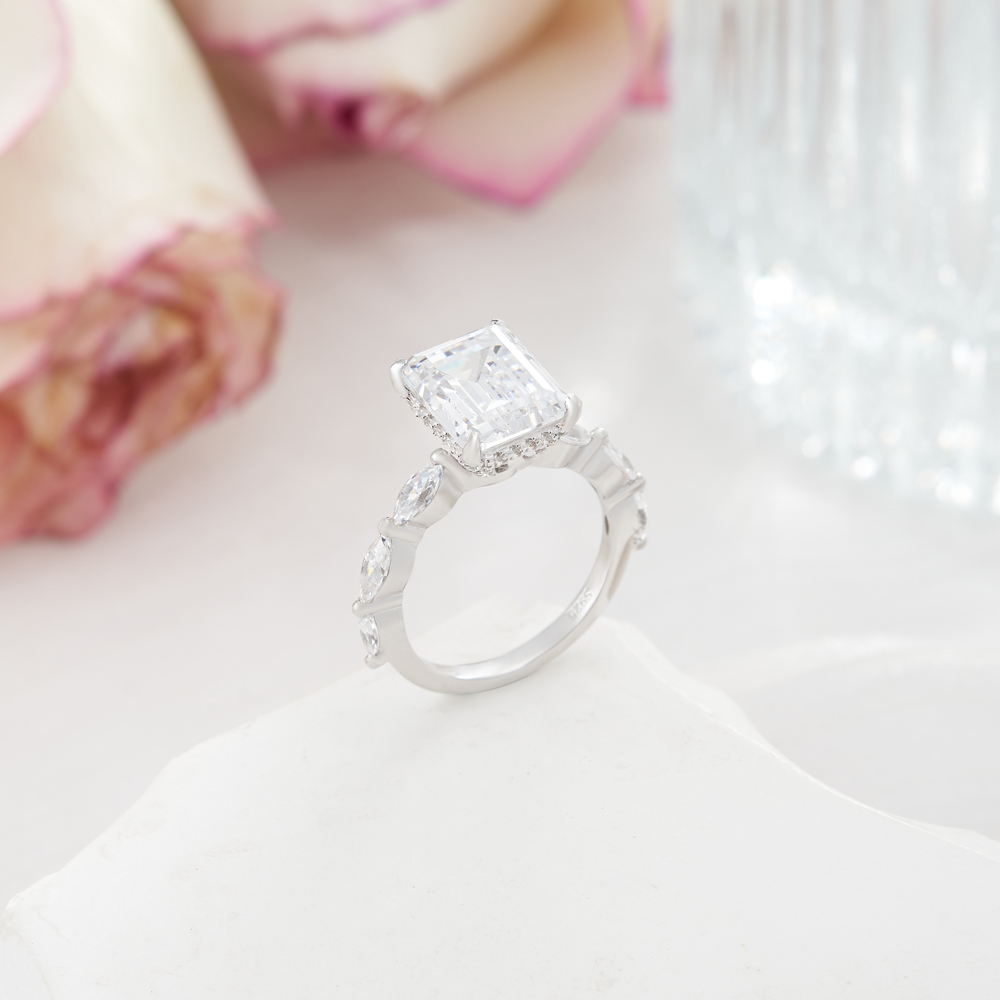 Emerald Cut Diamond White Sterling Silver Hidden Halo Engagement Ring