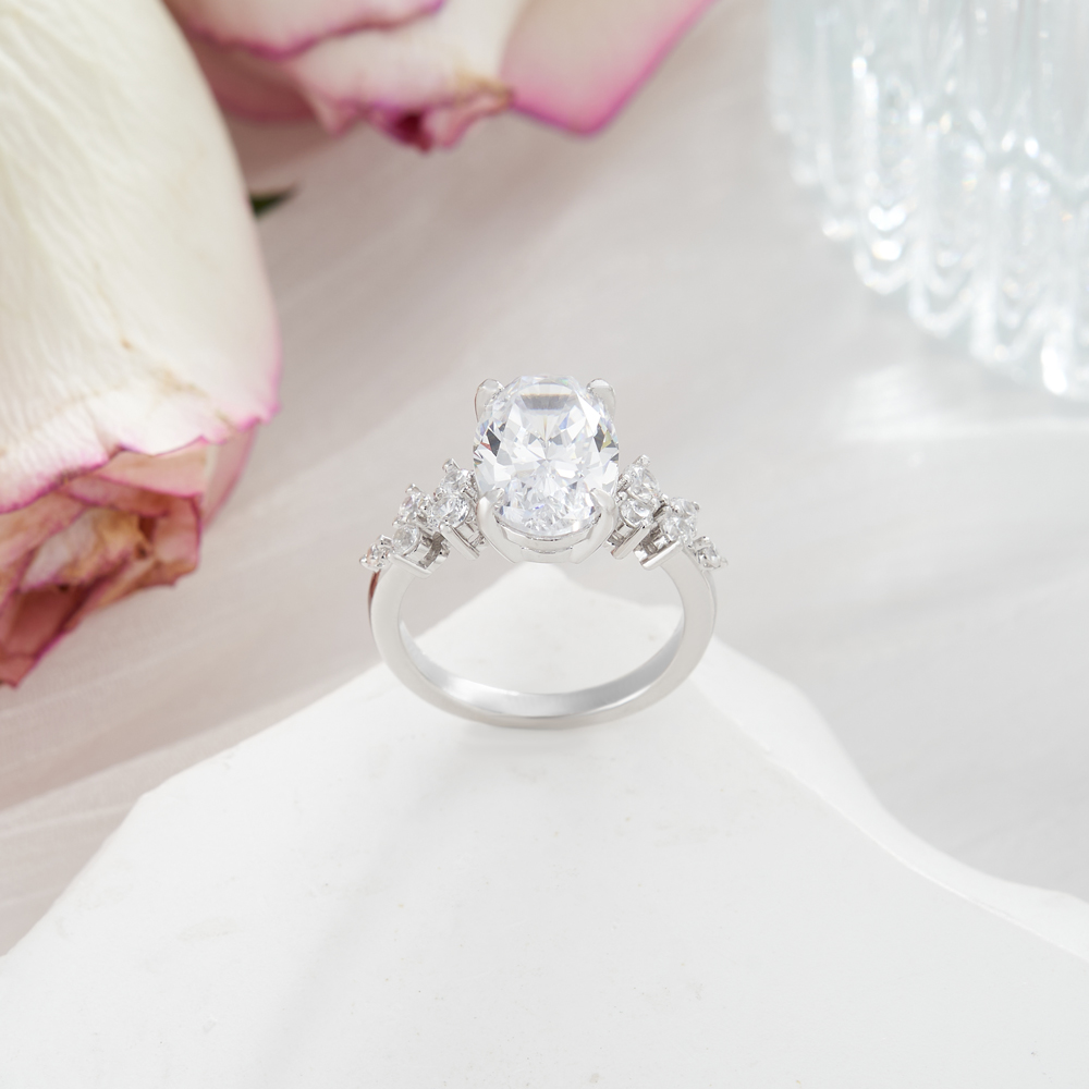 Oval Cut Diamond White Sterling Silver Classic Engagement Ring