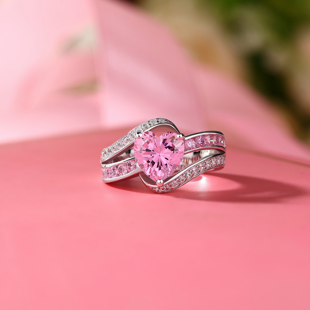 Heart Cut Fancy Pink 925 Sterling Silver Art Deco Engagement Ring