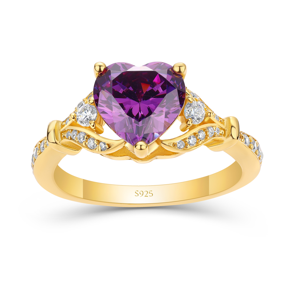 Heart Cut Amethyst Purple 925 Sterling Silver Yellow Gold 3-Stone Engagement Ring