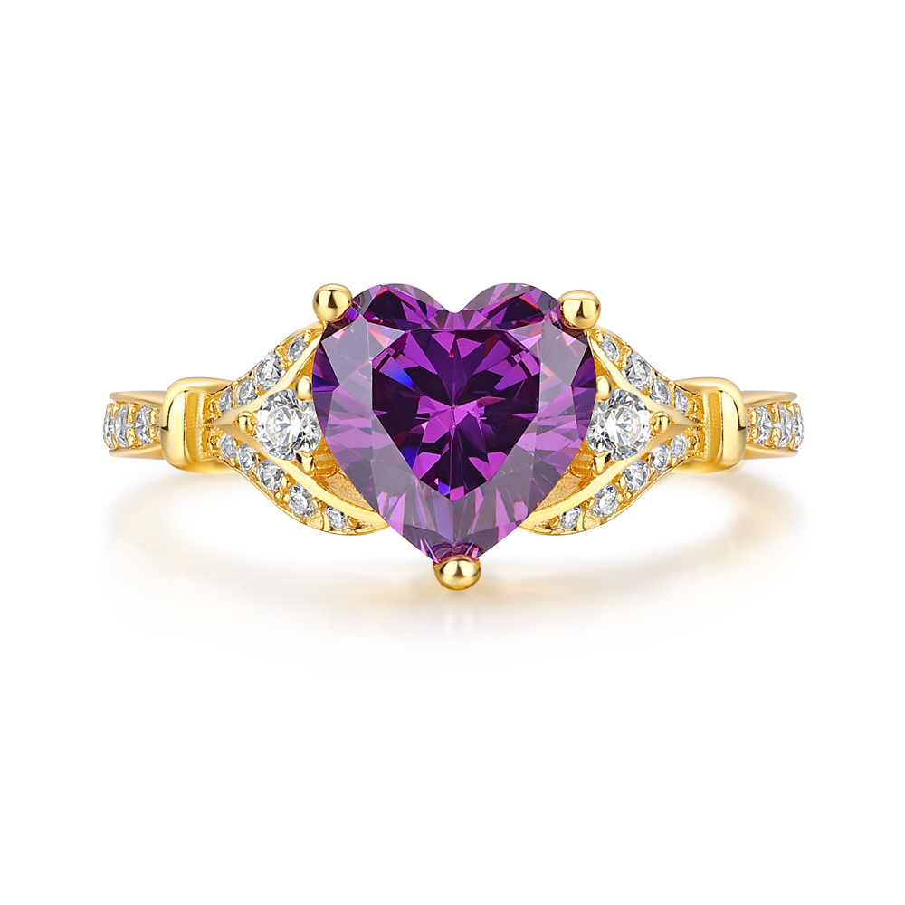 Heart Cut Amethyst Purple 925 Sterling Silver Yellow Gold 3-Stone Engagement Ring