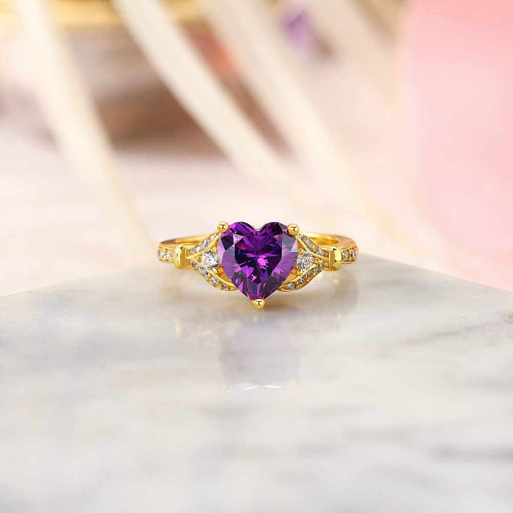 Heart Cut Amethyst Purple 925 Sterling Silver Yellow Gold 3-Stone Engagement Ring