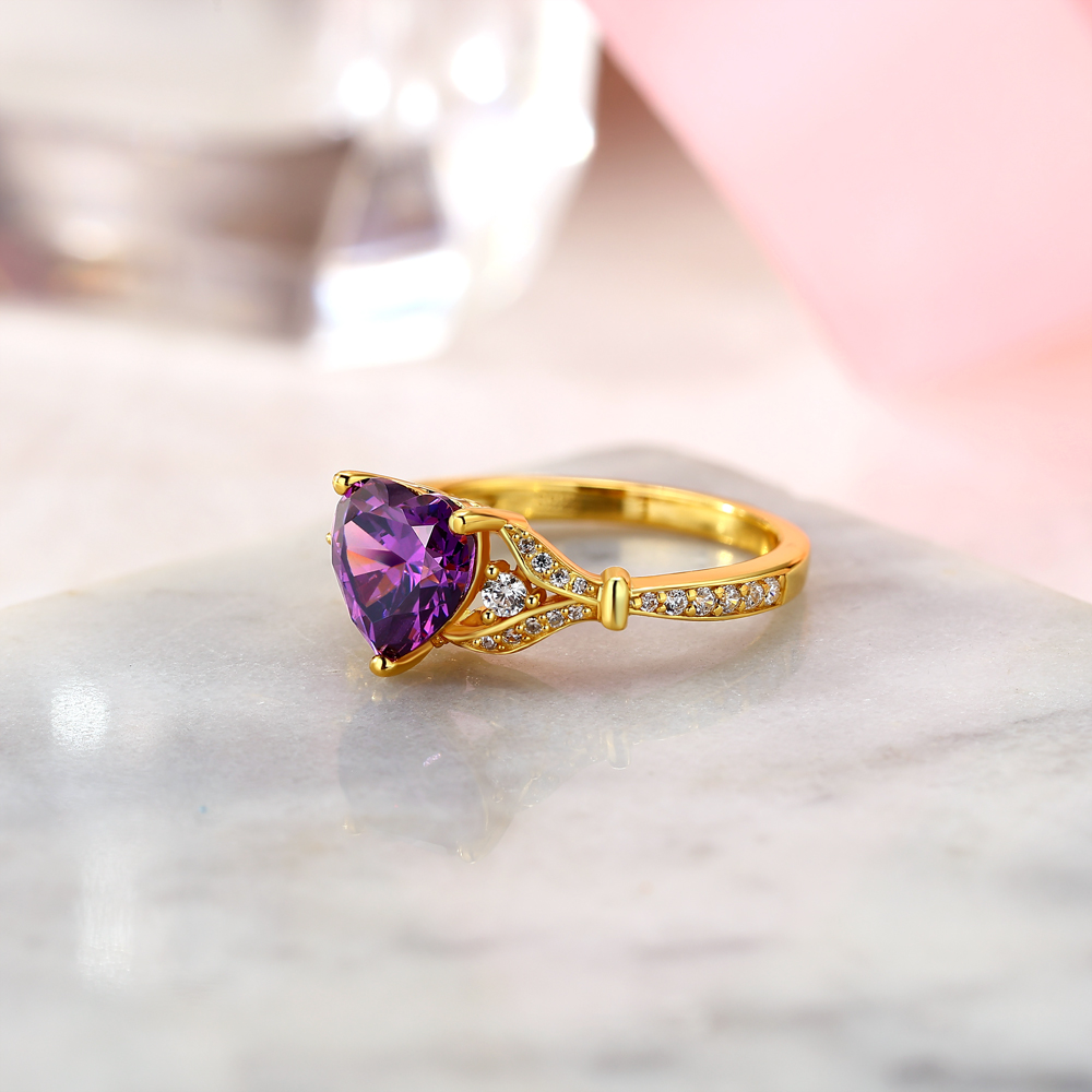 Heart Cut Amethyst Purple 925 Sterling Silver Yellow Gold 3-Stone Engagement Ring