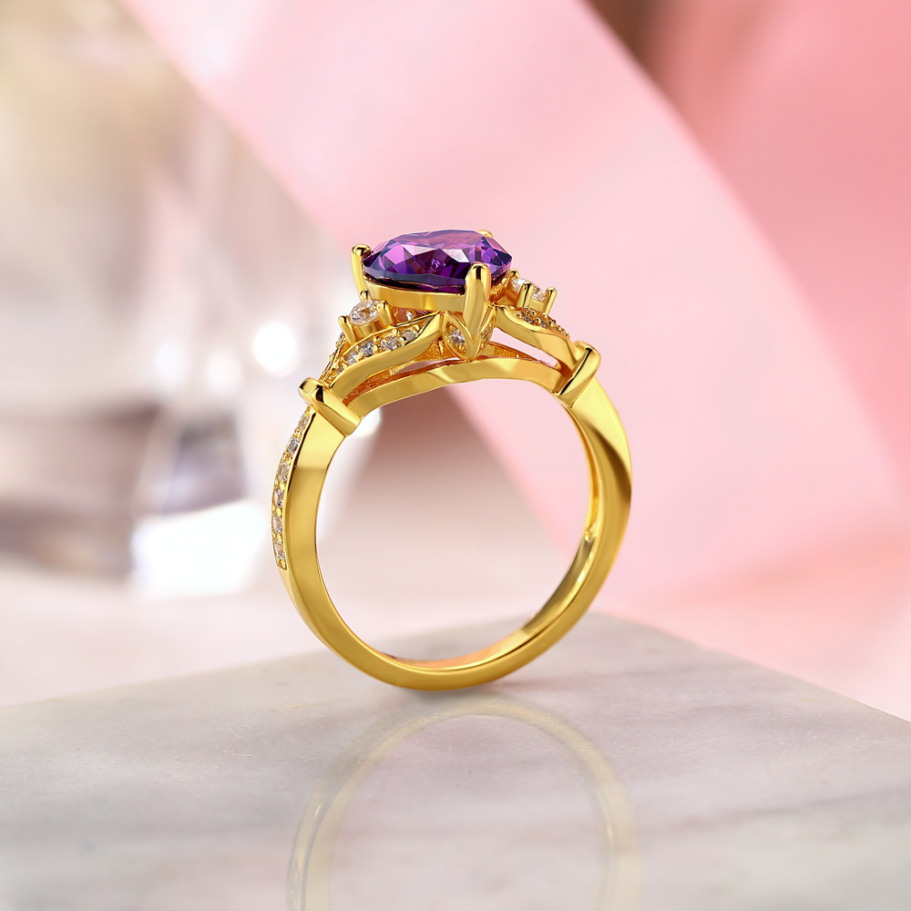 Heart Cut Amethyst Purple 925 Sterling Silver Yellow Gold 3-Stone Engagement Ring