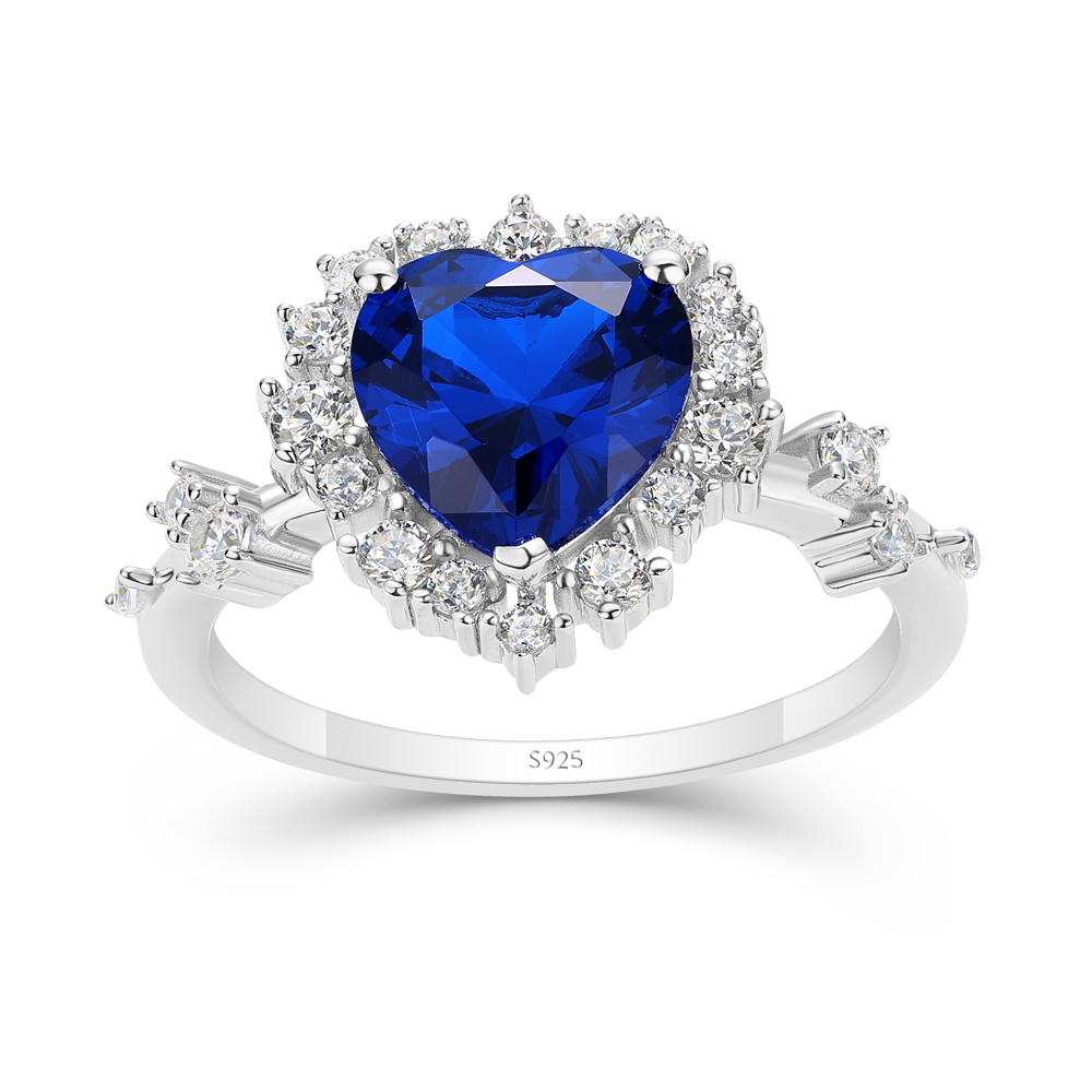 Heart Cut Sapphire Blue 925 Sterling Silver Halo Engagement Ring
