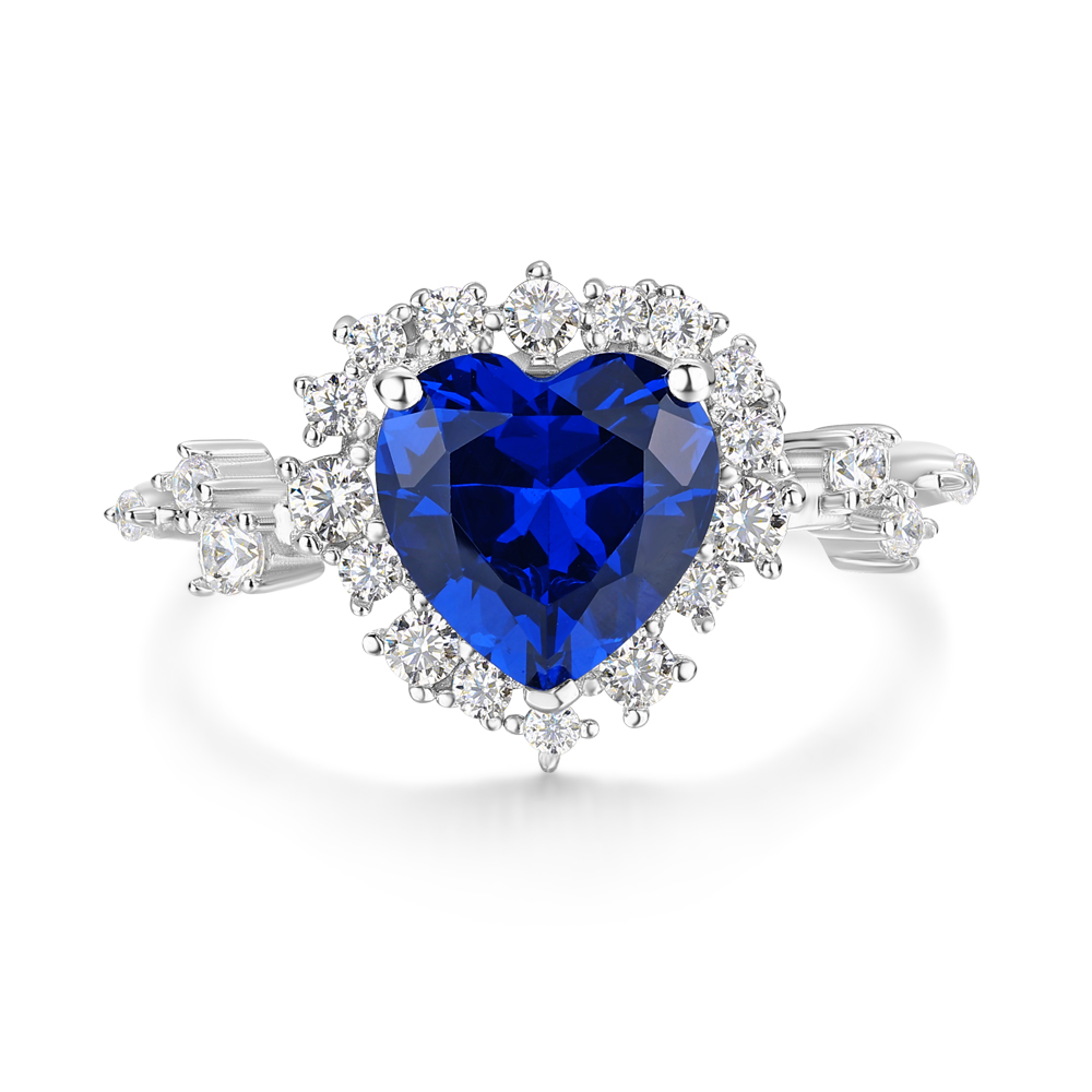 Heart Cut Sapphire Blue 925 Sterling Silver Halo Engagement Ring