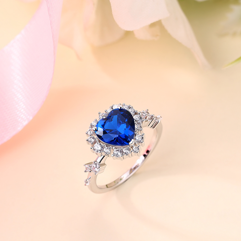 Heart Cut Sapphire Blue 925 Sterling Silver Halo Engagement Ring