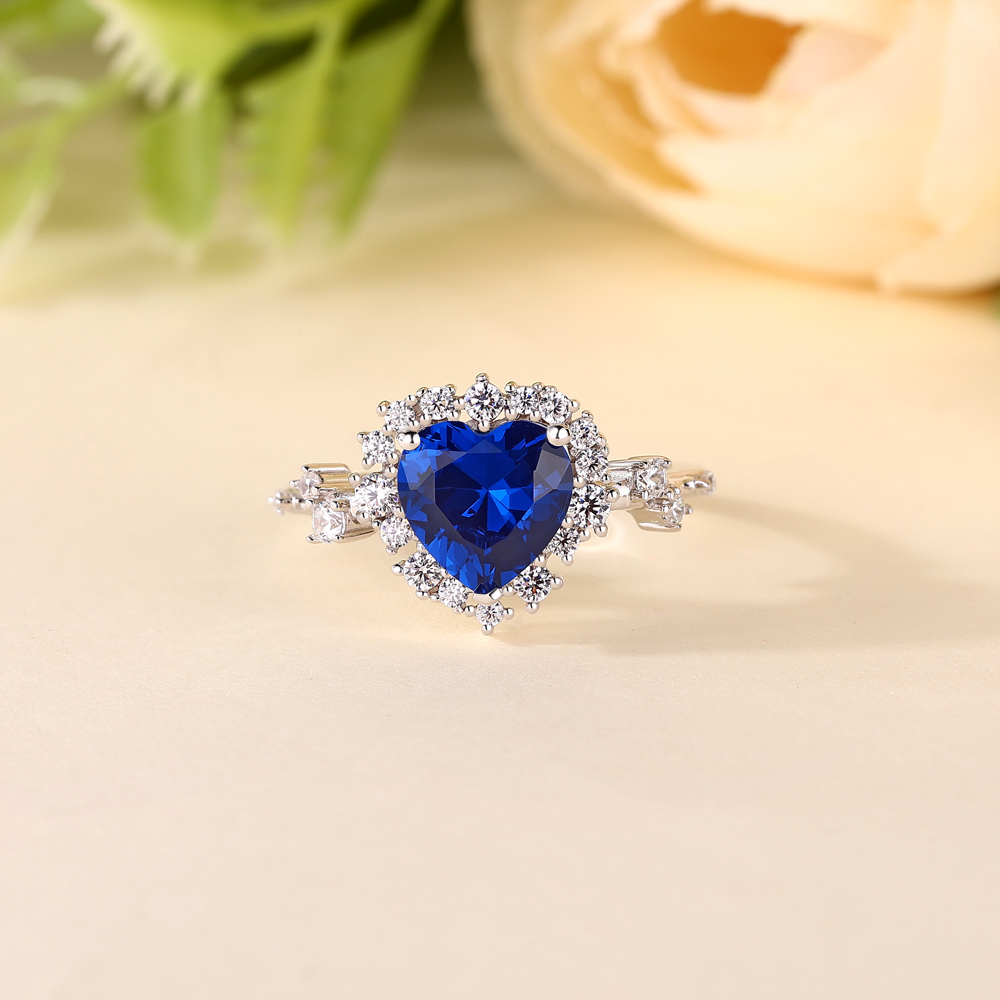 Heart Cut Sapphire Blue 925 Sterling Silver Halo Engagement Ring