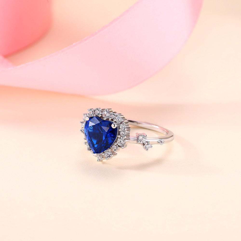 Heart Cut Sapphire Blue 925 Sterling Silver Halo Engagement Ring
