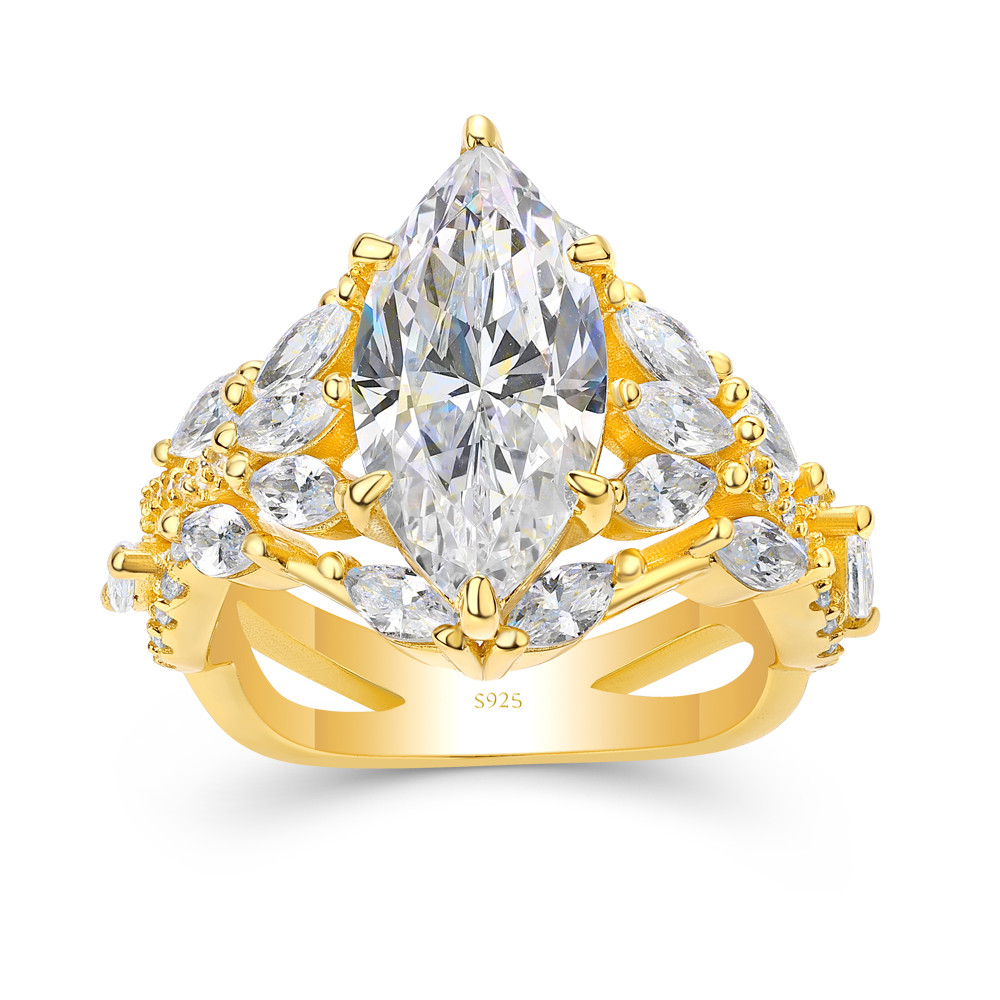 Marquise Cut Diamond White 925 Sterling Silver Yellow Gold Art Deco Engagement Ring