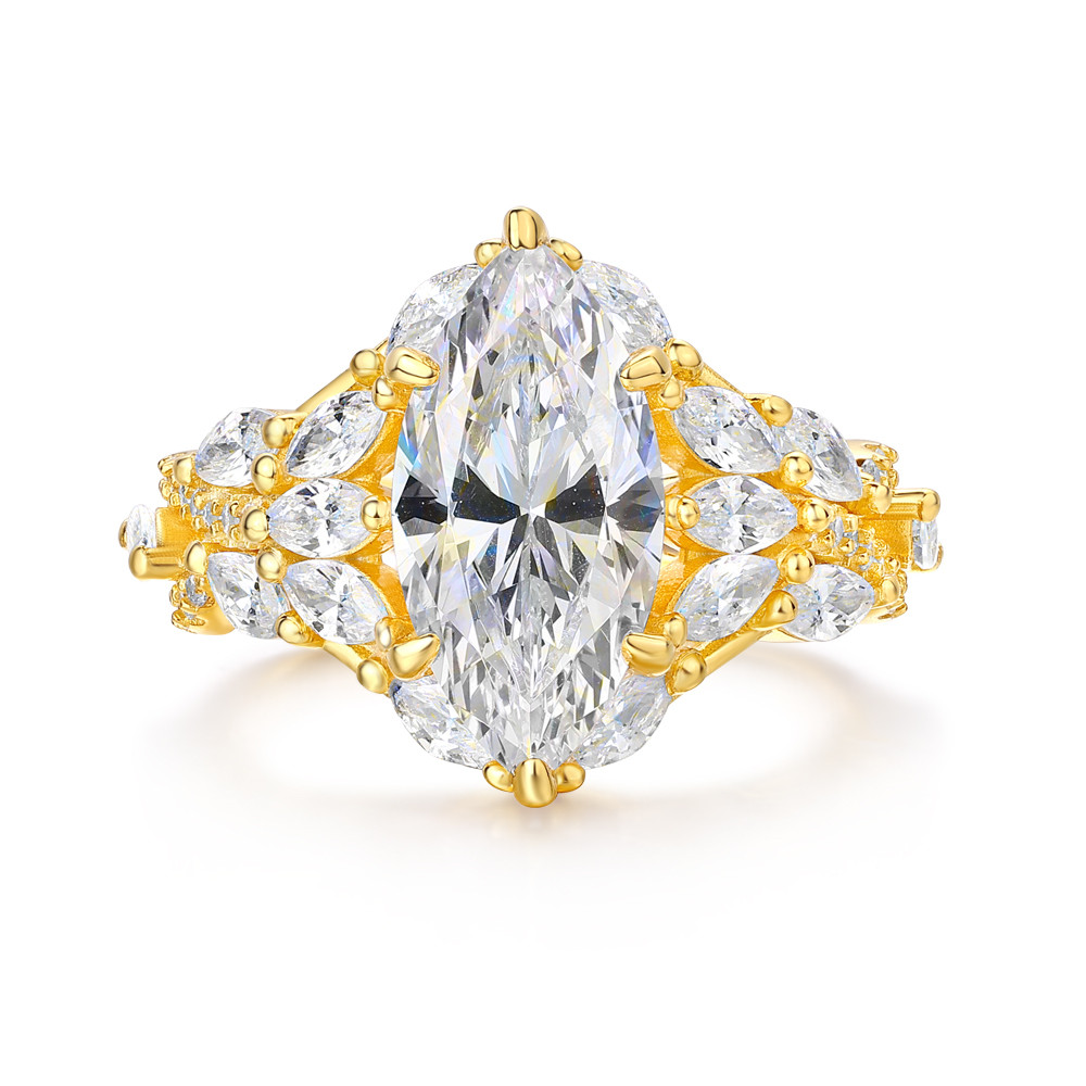 Marquise Cut Diamond White 925 Sterling Silver Yellow Gold Art Deco Engagement Ring
