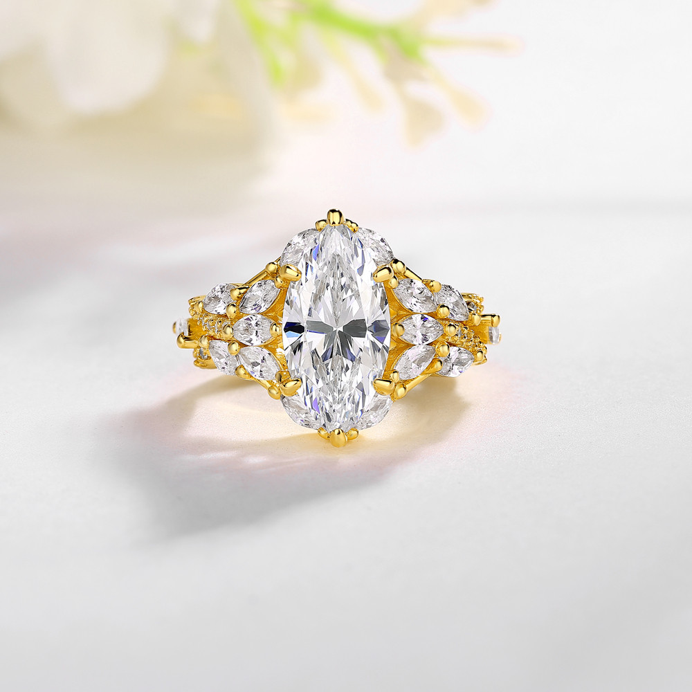 Marquise Cut Diamond White 925 Sterling Silver Yellow Gold Art Deco Engagement Ring