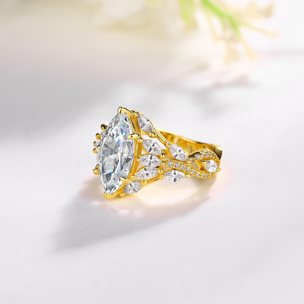 Marquise Cut Diamond White 925 Sterling Silver Yellow Gold Art Deco Engagement Ring