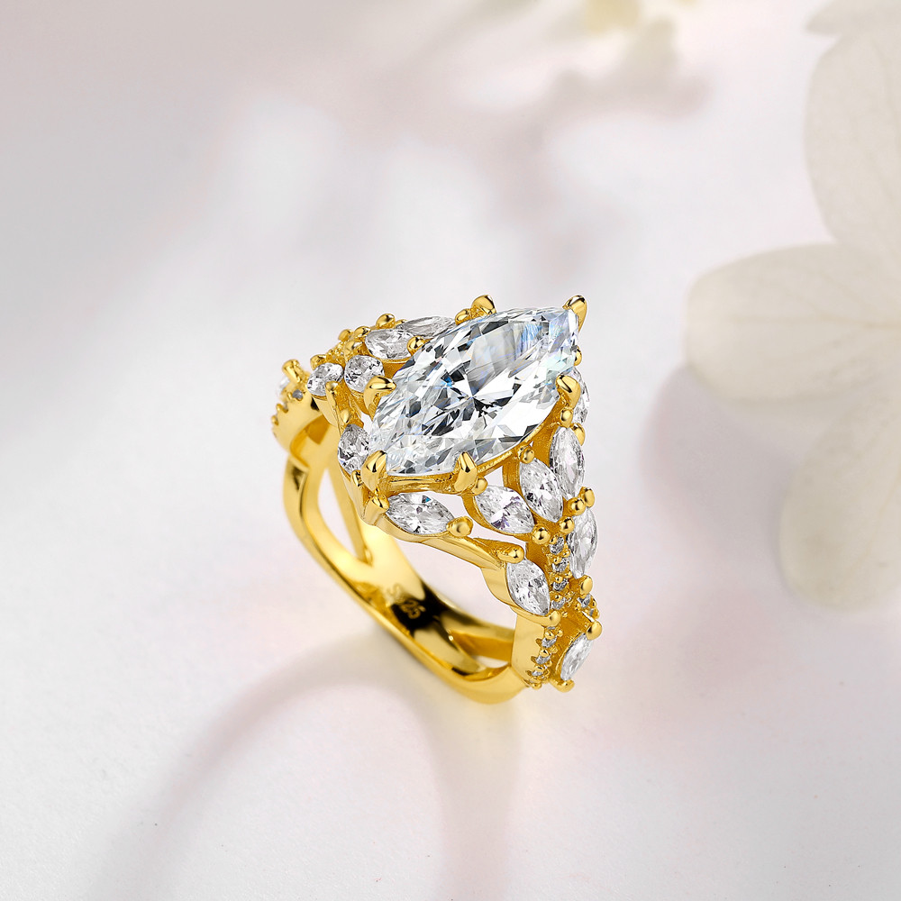 Marquise Cut Diamond White 925 Sterling Silver Yellow Gold Art Deco Engagement Ring