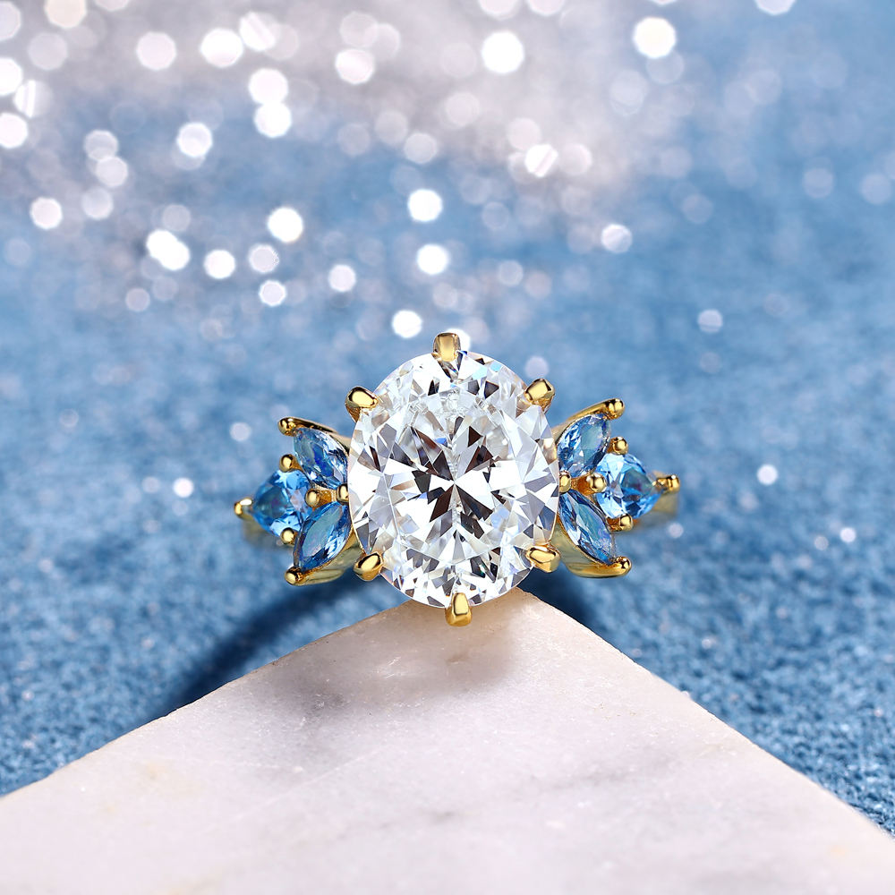 Oval Cut Diamond White 925 Sterling Silver Yellow Gold Engagement Ring