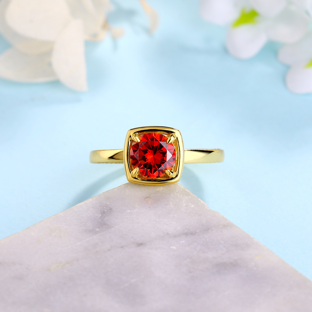 Round Cut Ruby Red 925 Sterling Silver Yellow Gold Engagement Ring