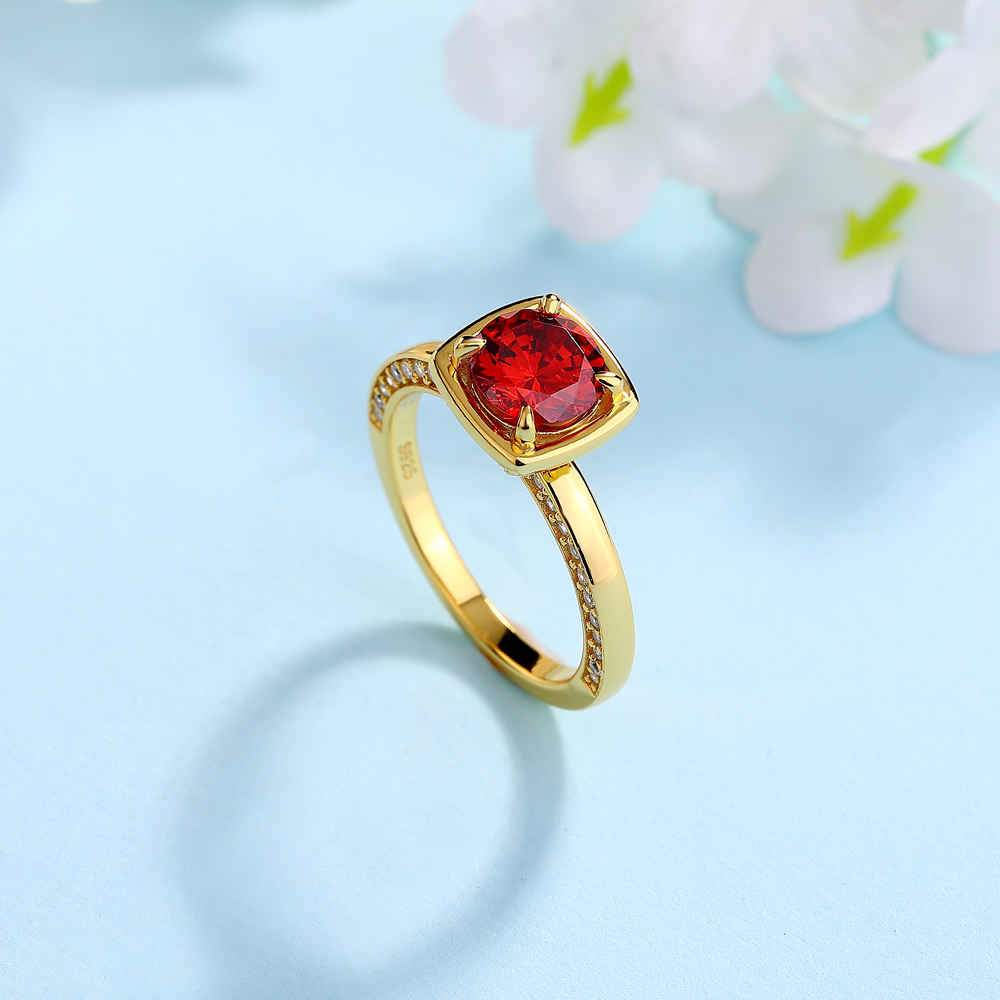 Round Cut Ruby Red 925 Sterling Silver Yellow Gold Engagement Ring