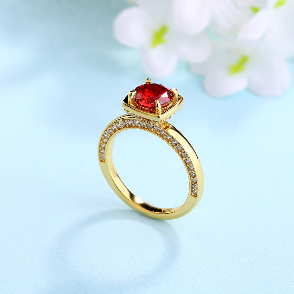 Round Cut Ruby Red 925 Sterling Silver Yellow Gold Engagement Ring