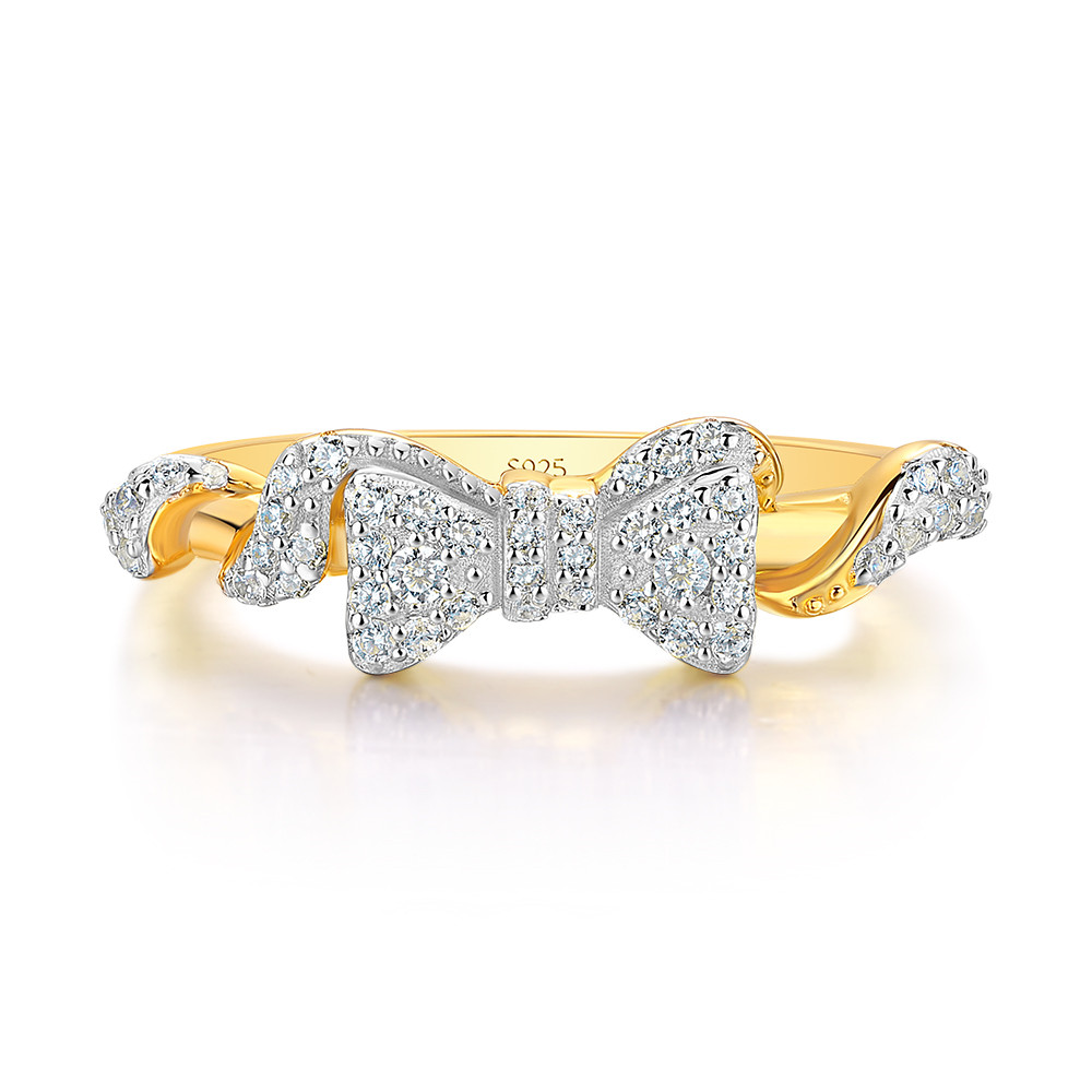 Round Cut Diamond White Sterling Silver Yellow Gold Bow Knot Ring