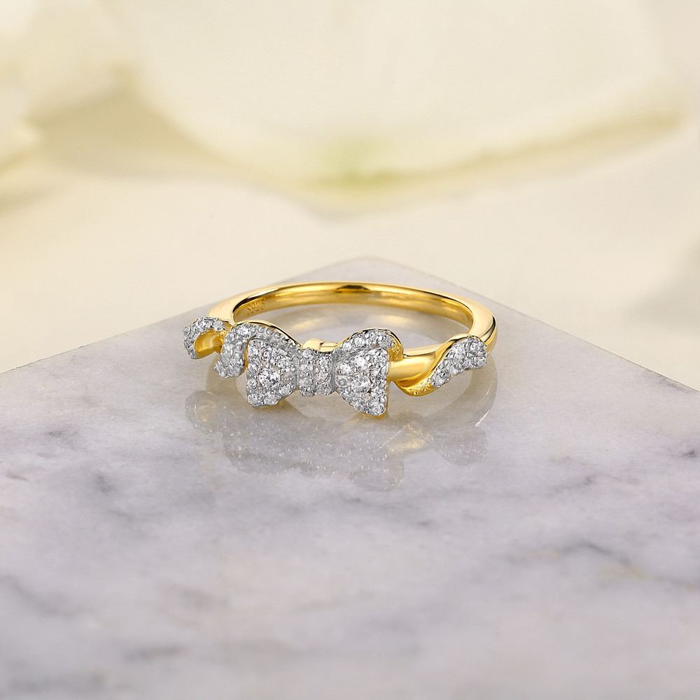 Round Cut Diamond White Sterling Silver Yellow Gold Bow Knot Ring