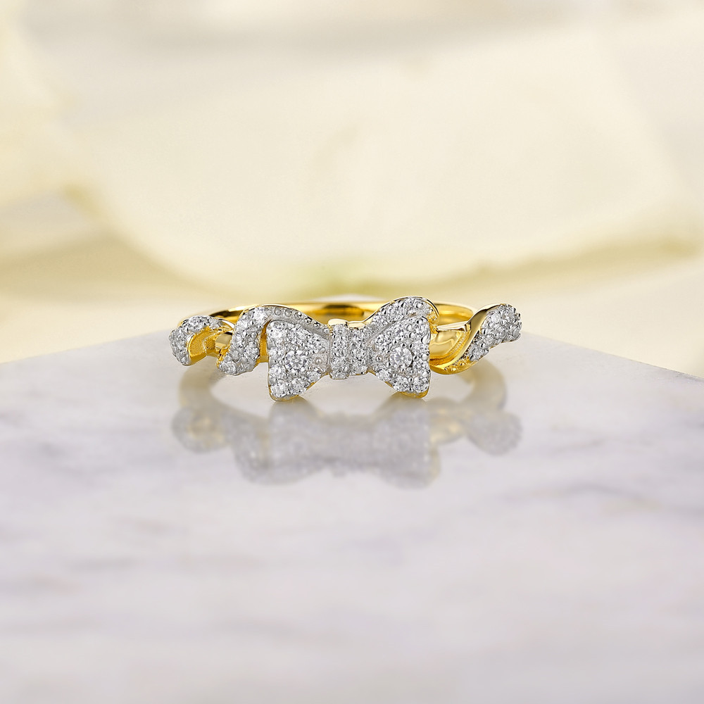 Round Cut Diamond White Sterling Silver Yellow Gold Bow Knot Ring