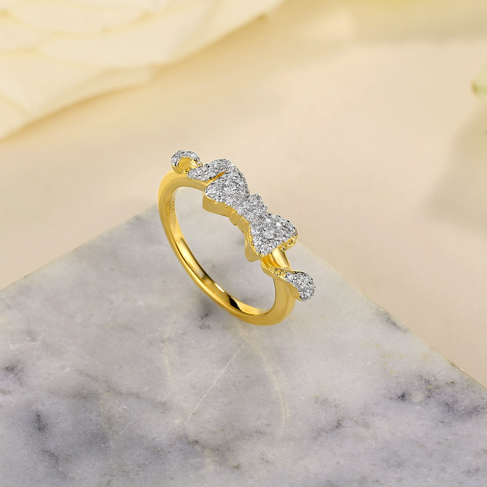 Round Cut Diamond White Sterling Silver Yellow Gold Bow Knot Ring