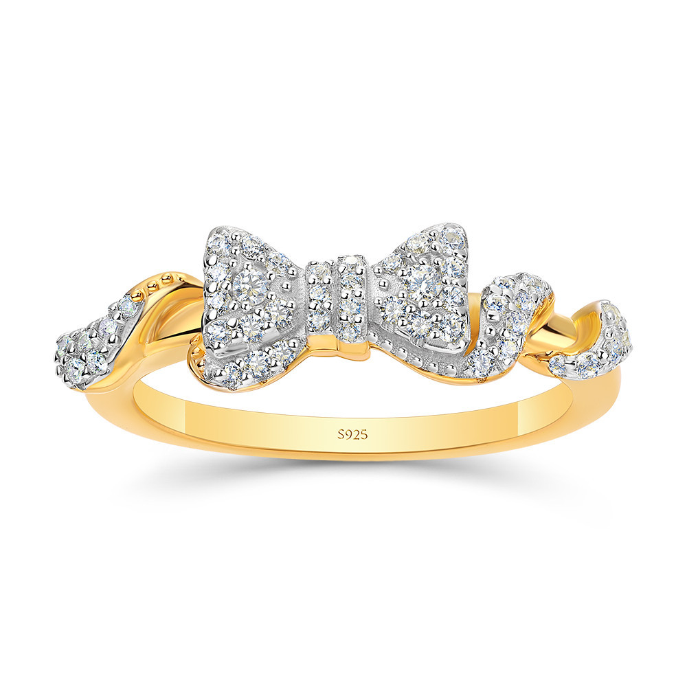 Round Cut Diamond White Sterling Silver Yellow Gold Bow Knot Ring