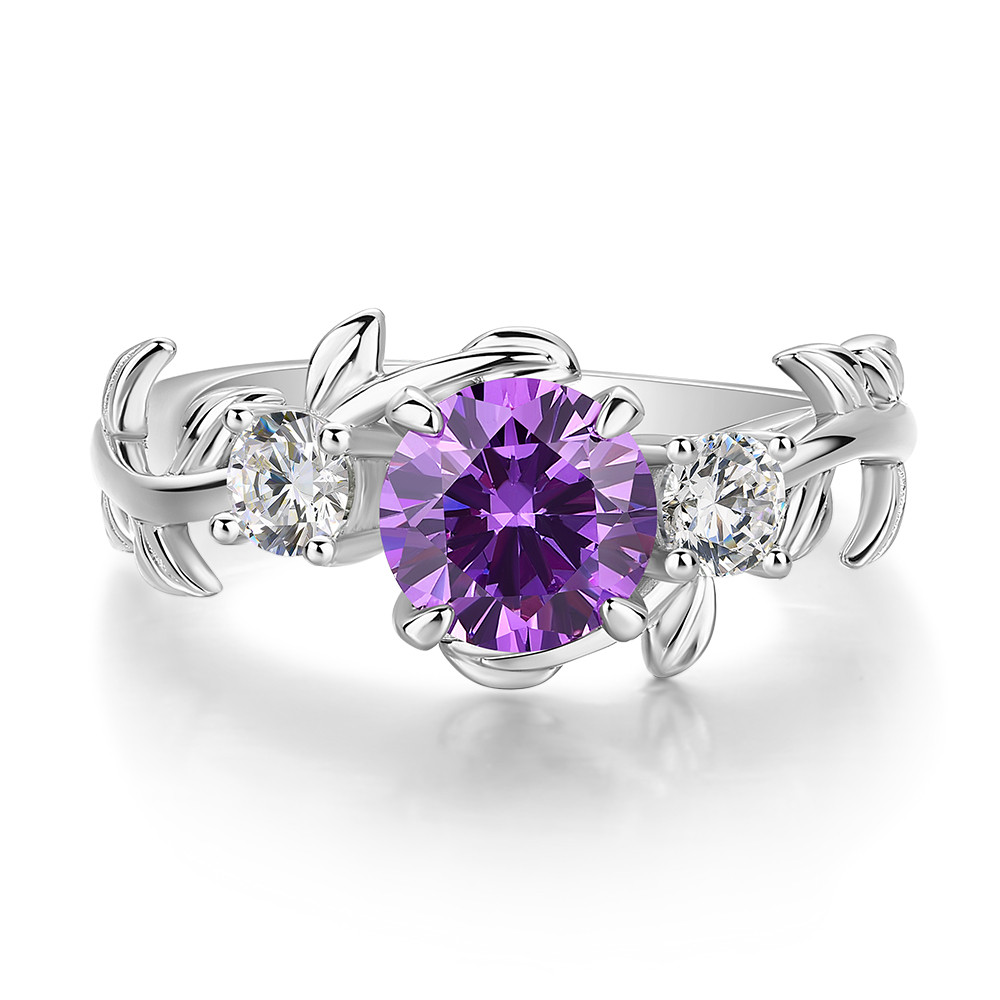 Round Cut Amethyst Purple 925 Sterling Silver Leaves 3-Stone Engagement Ring