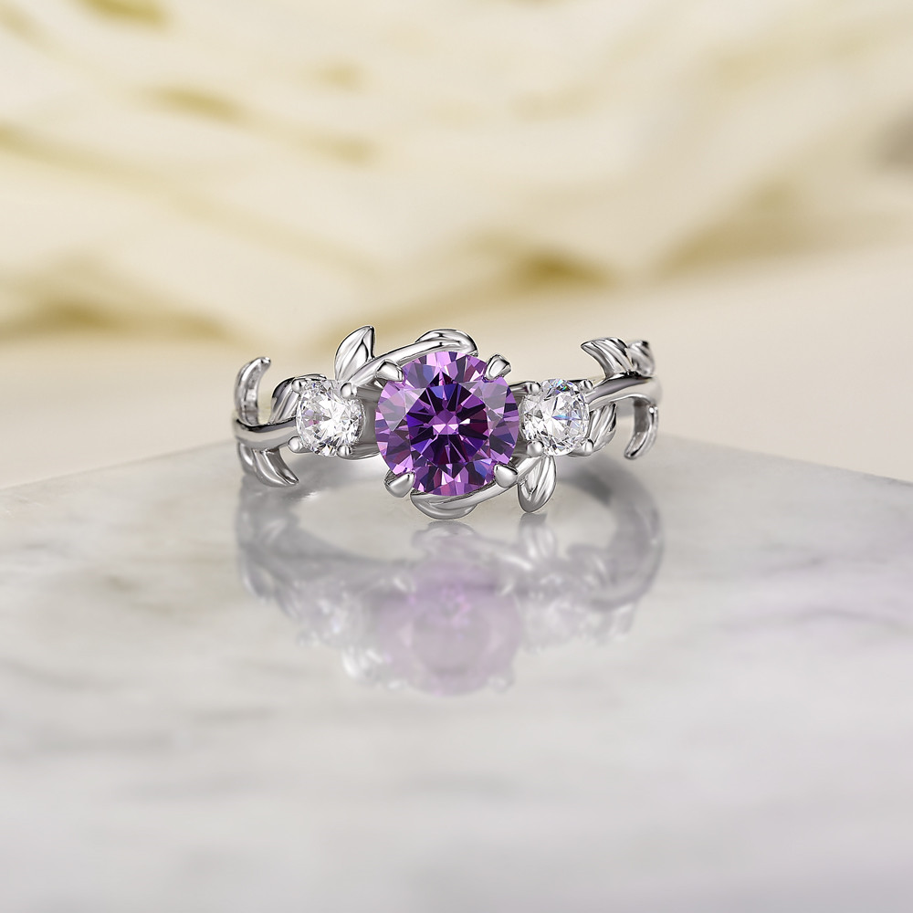 Round Cut Amethyst Purple 925 Sterling Silver Leaves 3-Stone Engagement Ring