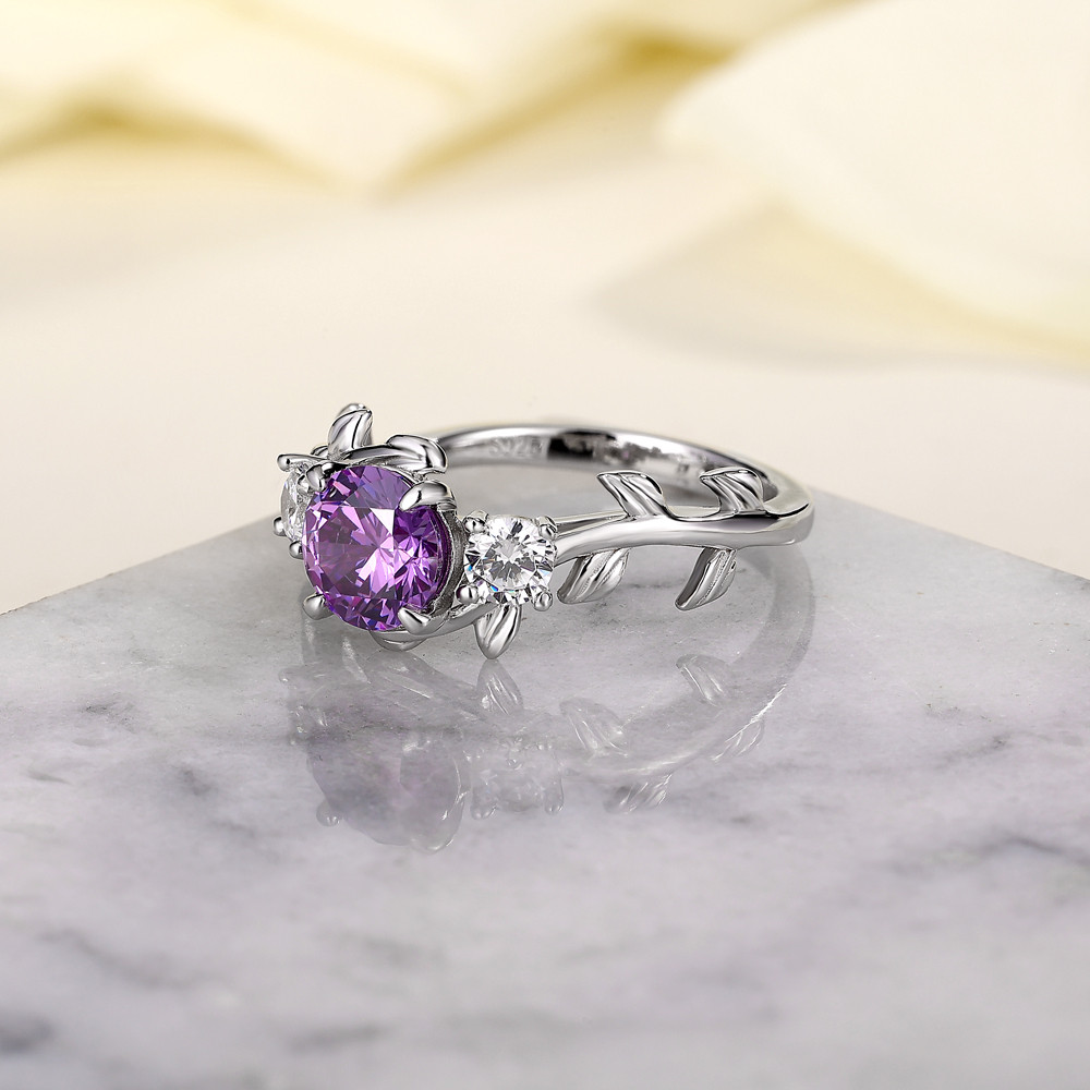 Round Cut Amethyst Purple 925 Sterling Silver Leaves 3-Stone Engagement Ring