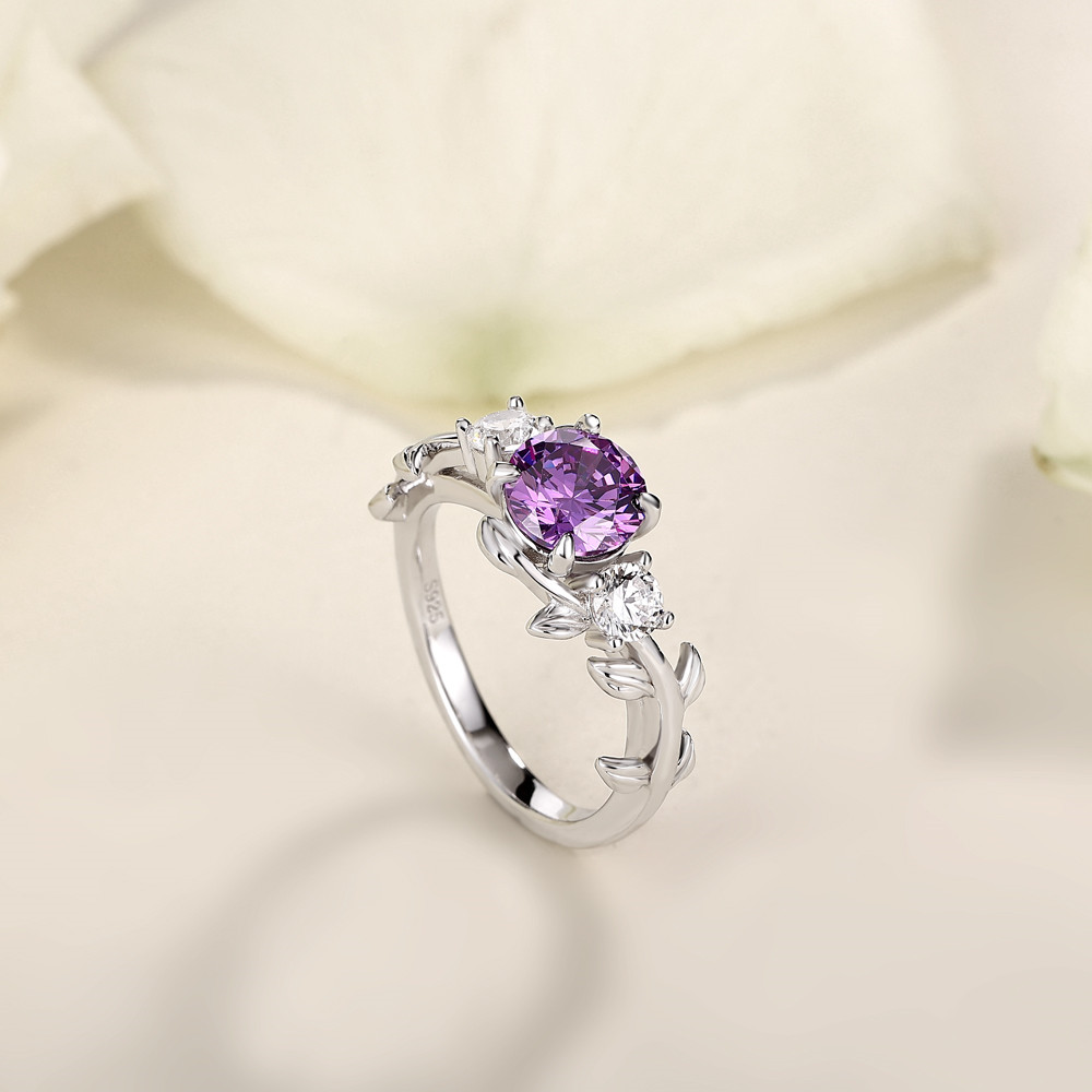 Round Cut Amethyst Purple 925 Sterling Silver Leaves 3-Stone Engagement Ring