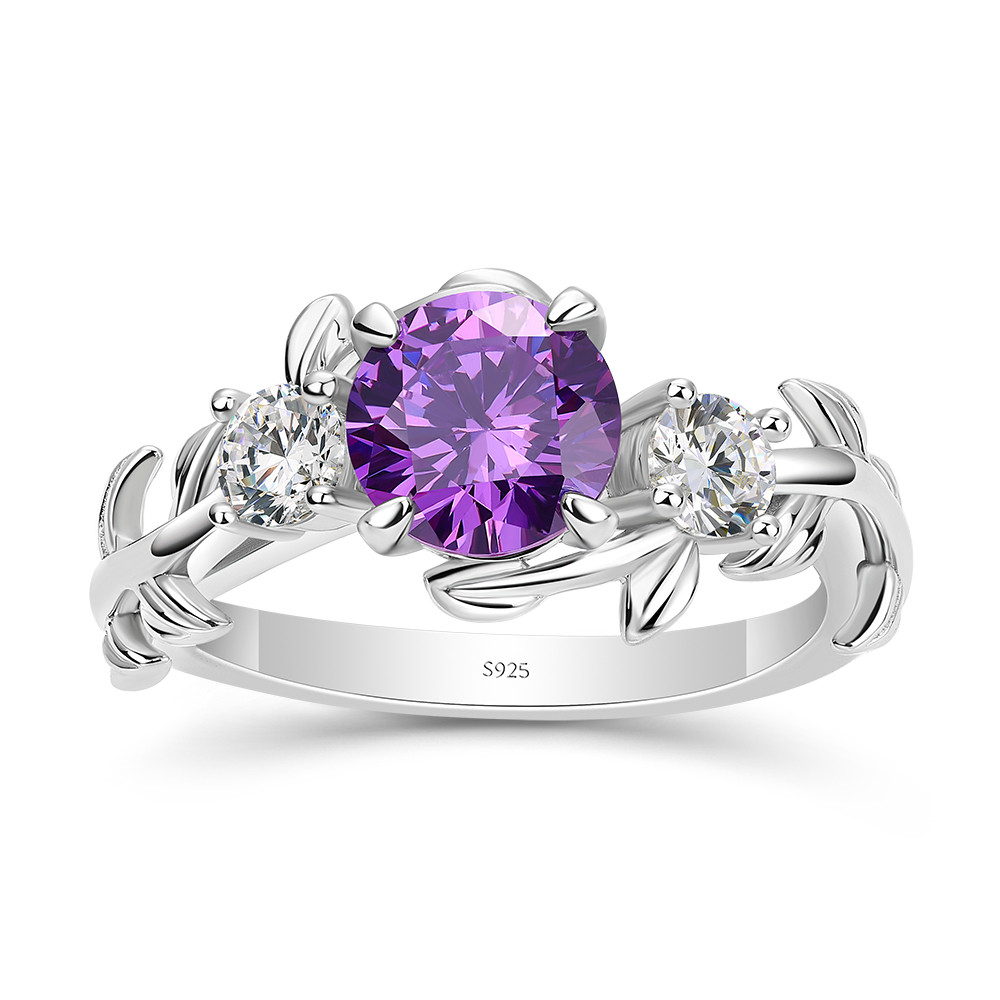 Round Cut Amethyst Purple 925 Sterling Silver Leaves 3-Stone Engagement Ring