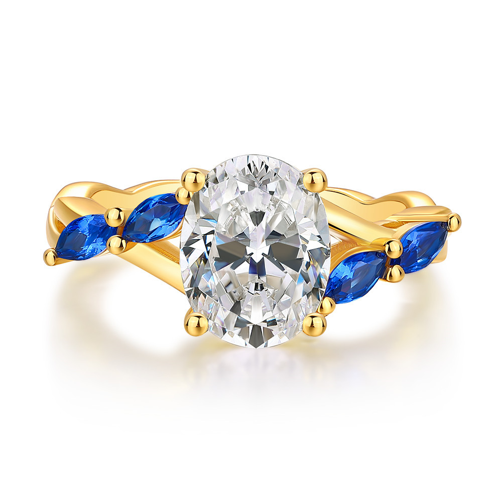 Oval Cut Diamond White Sterling Silver Yellow Gold Twisted Engagement Ring