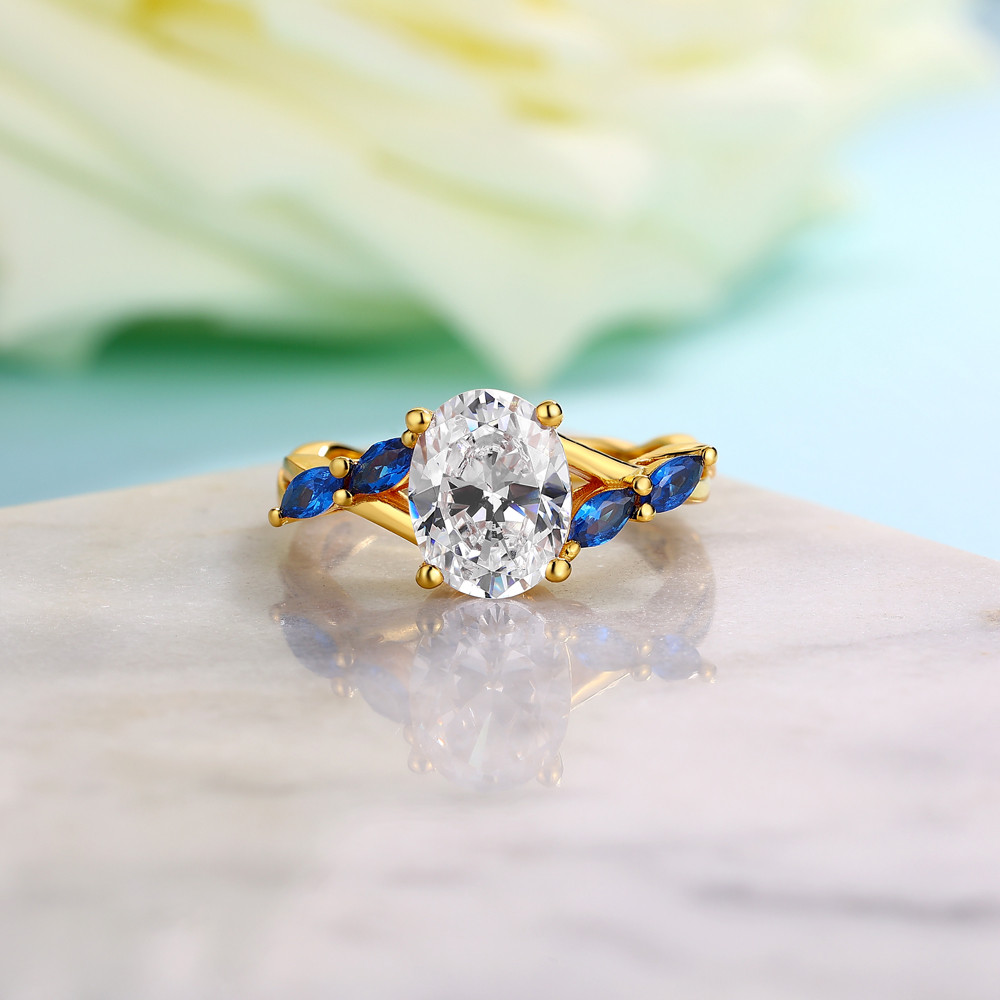 Oval Cut Diamond White Sterling Silver Yellow Gold Twisted Engagement Ring