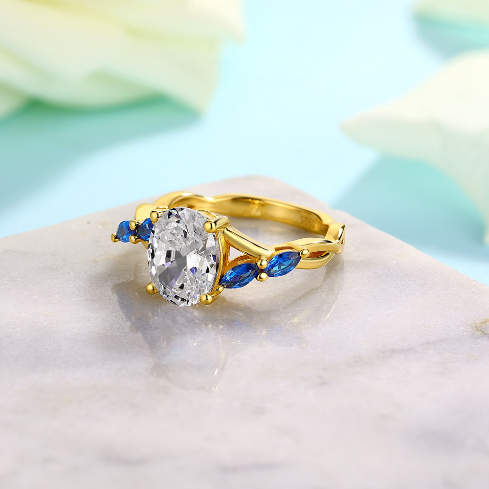 Oval Cut Diamond White Sterling Silver Yellow Gold Twisted Engagement Ring