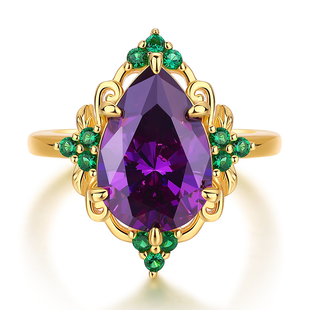 Vintage Pear Cut Amethyst Purple Sterling Silver Yellow Gold Floral Engagement Ring