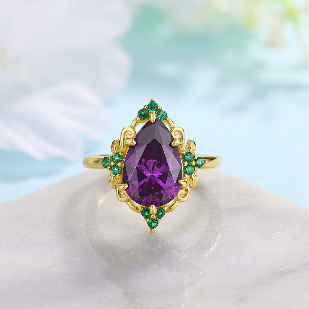 Vintage Pear Cut Amethyst Purple Sterling Silver Yellow Gold Floral Engagement Ring