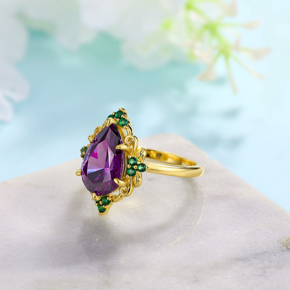 Vintage Pear Cut Amethyst Purple Sterling Silver Yellow Gold Floral Engagement Ring